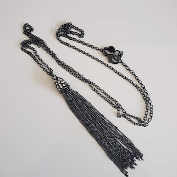 Loft Long Tassel Necklace Black Chain with Rhinestone Accents - Picture 2 of 7